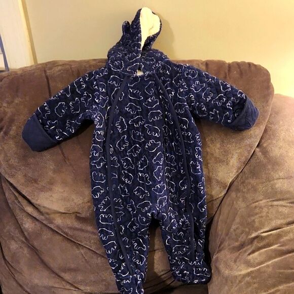 9 months winter outfit baby boy bear suit quilted footies built in mittens snaps - Picture 1 of 7